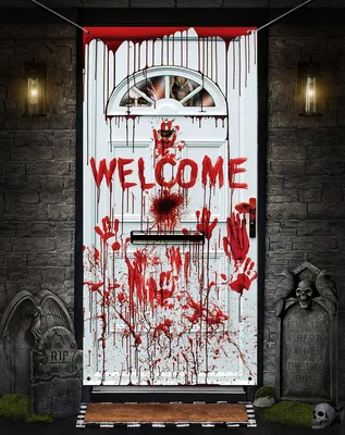 Zdjęcie produktu dla Zasłona na drzwi na Halloween, przerażający wzór, 180 x 100 cm, do użytku wewnątrz i na zewnątrz