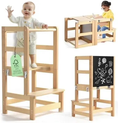 Produktbild von PolkaHome® Klappbarer Lernturm für Kinder – Sicherer Montessori-Küchenhelfer, 45 x 40 x 10 cm, Natur