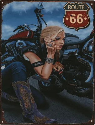 Immagine prodotto di Insegna in metallo G1337 Motociclista bionda Route 66 25 x 33 cm