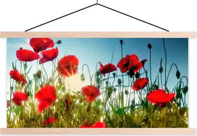 Produktbild von MuchoWow® Textilposter Mohnblumen - Toskana - Sonne - Rot - Blau 120x60 cm mit holzfarbenen Rahmen - Klemmleiste