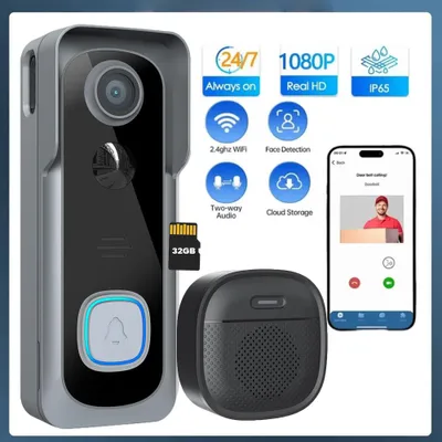Produktbild von 2K Video-Türklingel mit Kamera Kabellos, IP65 Wasserdicht Intelligente AI Bewegungserkennung, Nachtsicht 32GB