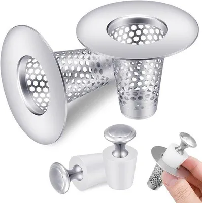 Immagine prodotto di Due filtri per lo scarico della vasca da bagno + 2 tappi in silicone per lo scarico, set di filtri per vasca da bagno e WC con tappi