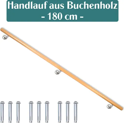 A wooden handrail with metal brackets and mounting hardware, presented on a white background with a descriptive header.