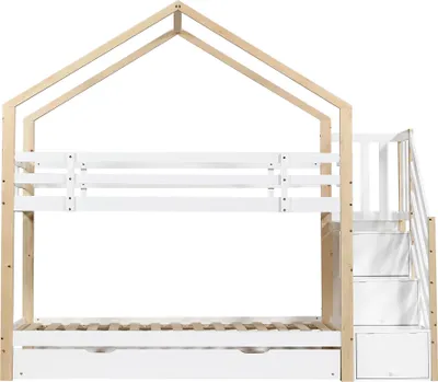 Produktbild von Flieks Etagenbett 90x200cm/90x190cm mit Unterbett, Kinderbett mit Treppe und Lattenrost, Hausbett Hochbett mit Rausfallschutz, Weiß