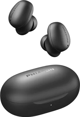 A pair of black wireless earbuds and their charging case are displayed against a white background.