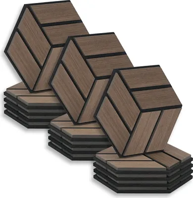 Obrázek produktu pro Akustikpaneele Holz 30 x 26 cm 15 Paneele Braun Hexagon Wandpaneele 3D Wandpaneel Wandverkleidung Dekorpaneel