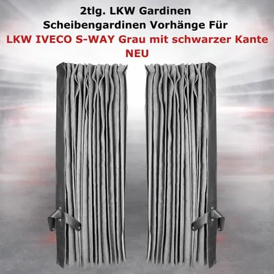 Immagine prodotto di 2 pezzi. Tende per camion, tende per finestrini, tende per cabina. Compatibili con camion IVECO S-WAY, colore grigio con bordo nero. Nuovi