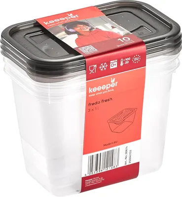 A stack of clear plastic food storage containers with a red label wrapped around them.
