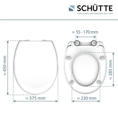 Productafbeelding van SCHÜTTE ovaal toiletbril met automatische zachte sluiting. Afneembaar toiletdeksel van breukbestendig Duroplast. Eenvoudige montage met zelfklevende pads en sjabloon. Toiletdeksel