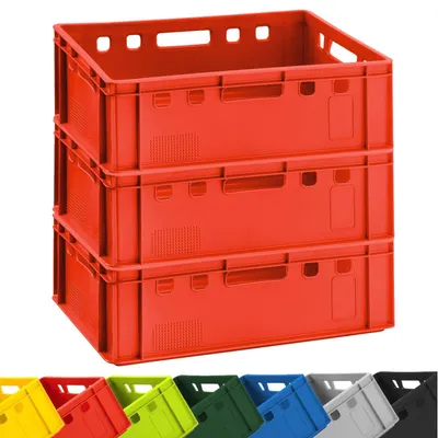 Produktbild von 3x BURI Fleischkiste E2 Rot 60x40x20cm Lagerkiste, Meischkiste, Metzgerkiste Eurobox aus Deutschland lebensmittelecht, robust, stapelbar