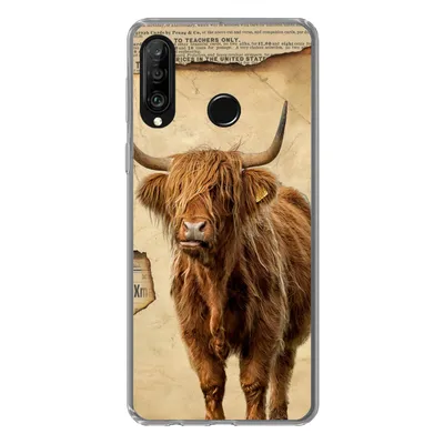 Produktbild von MuchoWow® Handyhülle Schutzhülle Hülle für Huawei P30 Lite Schottischer Highlander - Retro - Zeitungsartikel Silikon Softcase Handy Hülle - Handyhülle