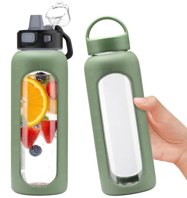 Obrázok produktu pre Sklenená fľaša na vodu 900 ml, olivová, 2 viečka, časová značka, pre šport