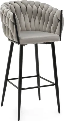 Produktbild von NEW HOME Barhocker LATINA gepolsterter für Wohnzimmer Esszimmer Glamour geflochtener - hellgrau - moderne Samt Velours Möbel