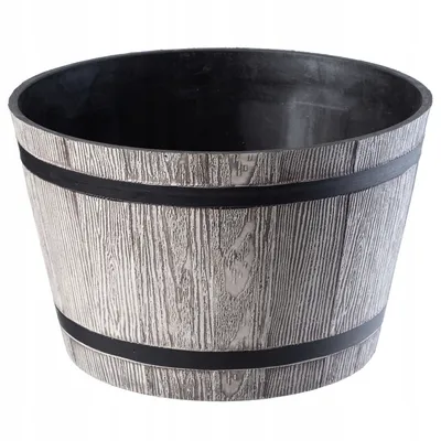 A light gray planter with a wood grain texture and black bands, shown against a white background.