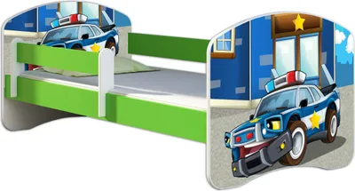 Produktbild von ACMA Jugendbett Kinderbett Junior-Bett Komplett-Set mit Matratze Lattenrost und Rausfallschutz Grün 38 Polizei 140x70