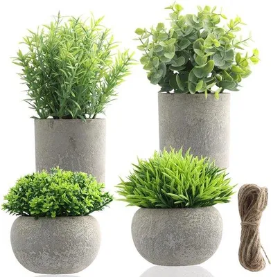 Produktbild von Falsche Pflanzen 4er Set, Kunstpflanzen, kleine Kunstblumen in Plastikpotten für Büro, Schlafzimmer, Balkon, Küche, Badezimmer, Hochzeitsschmuck
