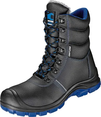 A single black and blue winter boot is shown against a white background.