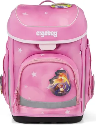 A pink Ergobag Cubo school backpack with white stars and a graphic on the front pocket.