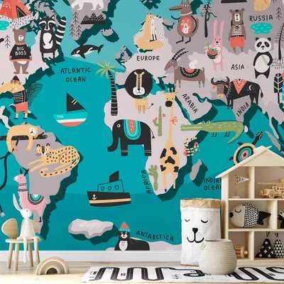 Produktbild von Vlies Fototapete - Geography lesson for children - colourful world map with animals 400x280 cm Für Kinder k-C-0137-a-a