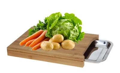 Produktbild von mucHome Schneidebrett aus 100% Bambus mit Edelstahl Auffangschale - antibakterielles Holz-Brett 35 x 25 cm - messerschonendes Bambusholz Küchenbrett