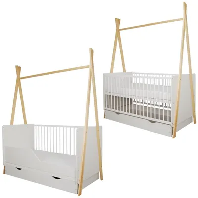 Łóżeczko/tapczanik Tipi z szufladą i barierką 140cm x 70cm kolor sosna/biały + materac – zdjęcie produktu 1