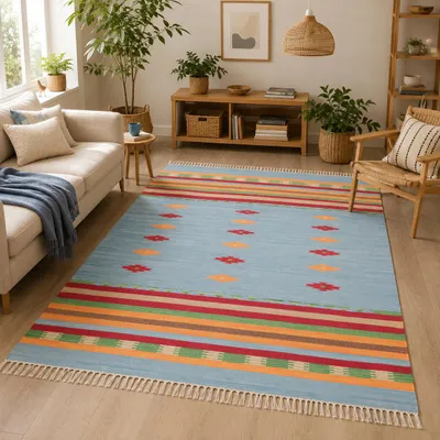 Produktbild von Baumwolle Natur Kelim Teppich Lina Blau Stripes, Größe:160x230 cm, KI-generiertes Bild