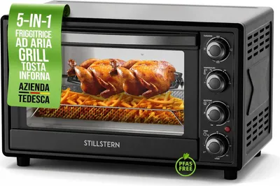 Immagine prodotto di Stillstern Mini Forno Ventilato 35L 1600W con Girarrosto – Meccanico, Timer 120 min, Pizza Ø28 cm, Antiaderente CYCLONE PRO+, MB35-MX 2G