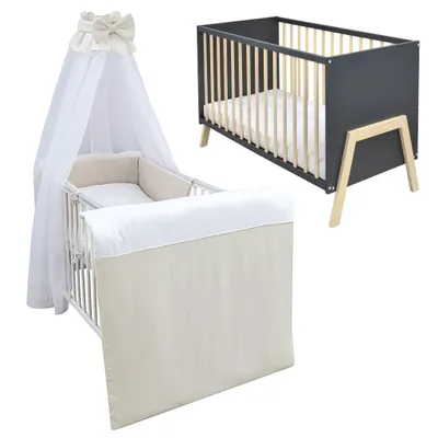 Produktbild von Babybett Kinderbett Gitterbett Juna 60x120 Anthrazit Schutzgitter Matratze Bettwäsche Set 10tlg  Waffelpique Musselin Beige