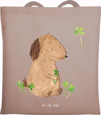 Produktbild von Mr. & Mrs. Panda Einkaufstasche Hund Kleeblatt - Braun Pastell - Geschenk, Tote Bag, Sprüche, Glücksbringer, Beutel, Glück, totebag, Stoffbeutel, Tasche, Viel