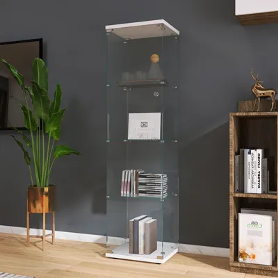Produktbild von CDGlobal Glasvitrine Standvitrine in Weiß, Modern Glas Holz Vitrine 4-Lagen Vitrine aus Glas für Sammlerstücke Bücher Wein, für Büro Wohnzimmer Küche, 64,56 x 16,73 x 14,37 in