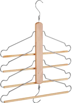 Immagine prodotto di Appendiabiti multiplo, set da 3 pezzi, salvaspazio, 4 grucce con barra per pantaloni, legno di loto e metallo, appendiabiti multiuso, naturale/argento