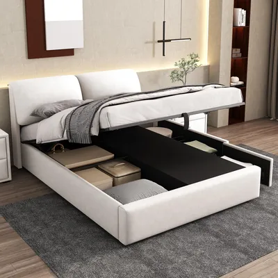 Image de MODFU Lit coffre 140x200 avec grand rangement hydraulique et 3 tiroirs, lit double capitonné en velours, sans matelas - Blanc