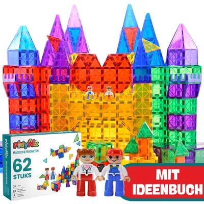 Produktbild von PlayMix Magnetische Bausteine 62 Teile – Magnetische Konstruktionsspielzeuge – Magnetische Platten – Lernspielzeug für Jungen & Mädchen – Geschenk