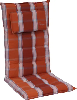 A high-back chair cushion with a plaid pattern.