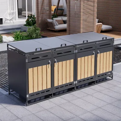 Zdjęcie produktu dla Pojemnik na kontenery na śmieci - 262 x 79 x 116 cm, czarny, żeliwny, przeznaczony do 4 kontenerów na śmieci, z hydraulicznym klapą, zamykany na klucz, wentylowany