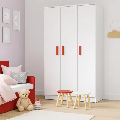 Produktbild von Kinder-Kleiderschrank JONAS 120 cm – Weiß/Weiß mit roten Griffen,Kleiderstange & Einlegeböden
