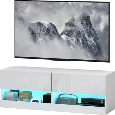 Produktbild von LED TV-Hängeschrank mit 16 Beleuchtungsmodi, Wandmontage, Weiß 120cm, Medienschrank mit offenen Regalen