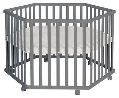 Produktbild von roba Laufgitter 6-eckig aus Holz anthrazit - Laufstall für Babys mobil mit Rollen & Schutzeinlage Greyish gesteppt aus veganem Leder