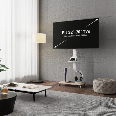 Image de Support TV mobile, blanc - Chariot TV - Support TV sur pied, blanc - Support TV sur roulettes - Support TV mobile