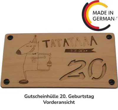 Produktbild von Gutscheinhülle zum 20. Geburtstag aus Holz | Edle Geldgeschenk-Verpackung | Holz-Umschlag