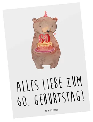 Produktbild von Mr. & Mrs. Panda Postkarte Bär Torte 60. Geburtstag - Weiß - Geschenk, Kuchen, Ansichtskarten, Fotokarte, Party, bildkarte, Postkarten, Feiern, Grußkarte