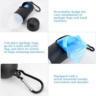 Productafbeelding van Ibenzoa® Hondenpoepzakjeshouder – handzaam en draagbaar, met waterfleshouder en riemclip, inclusief 1 rol (20 stuks) lekdichte PE-zakjes van 32 x 22 cm, houder 14,5 x 4,5 x 4,5 cm, polyester, zwart/blauw/andere kleur