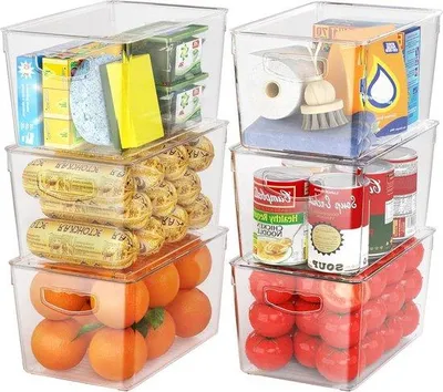 Produktbild von Plastische Stapelboxen mit Deckeln - 6 Stück - durchsichtig - handliches - Küchenorganisation - Lagerung - Kühlschrank-Organizer