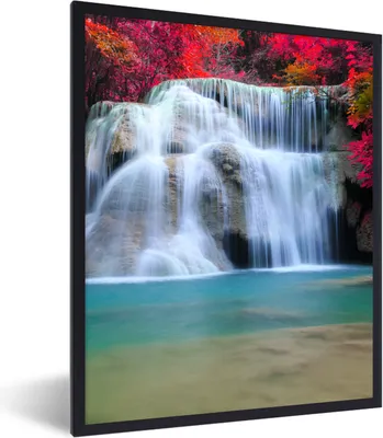 Produktbild von MuchoWow® Gerahmtes Poster Wasserfall - Bäume - Rot - Landschaft - Natur 60x80 cm - Poster mit Schwarzem Bilderrahmen Wandposter Rahmen Foto Bilder - Premium - Wanddeko Wohnzimmer