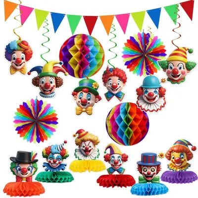 Image de Kit de décoration pour carnaval, 17 pièces : guirlande de clowns, décorations de cirque, couleurs vives