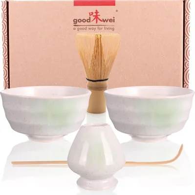Produktbild von Matcha Duo Set "Shiro" mit 2 Schalen, Besen & Besenhalter – stilvolles Starterset für zwei Genießer der Matcha-Zeremonie