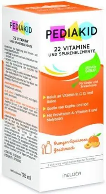 A product box for Pediakid 22 Vitamines syrup.