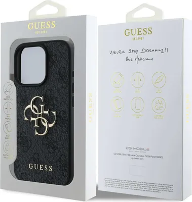 The image shows the packaging of a Guess iPhone case.