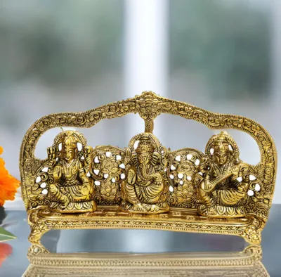 Standbild Lakshmi, Ganesha, Saraswati, weißes Metall, gold, 25x6x14 cm