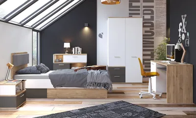 Produktbild von Jugendzimmer Komplett Set TOMAR-129 mit Bett 120x200cm in Eiche Nb. mit weiß und grau